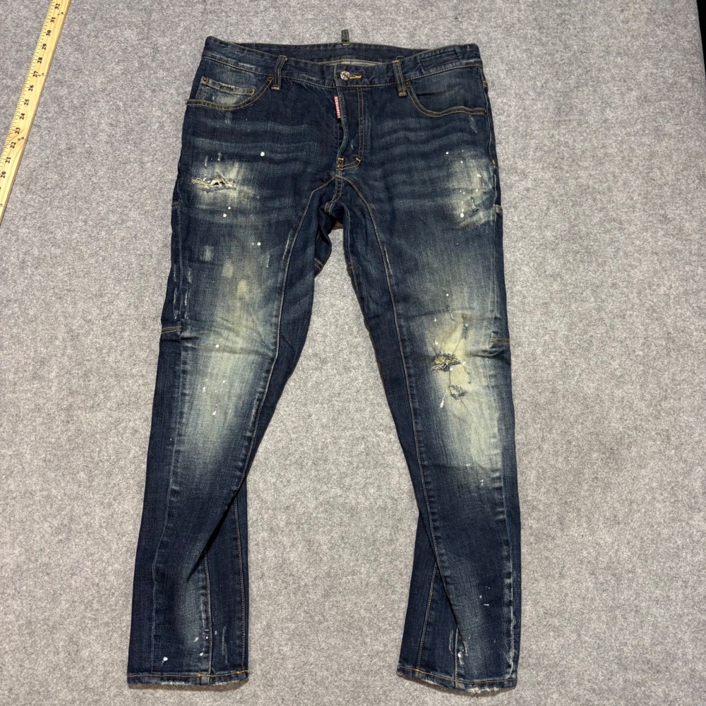 Dsquared2 Classic Kenny Twist Jeans Mens 50 Distressed Paint Splatter Blue Denim